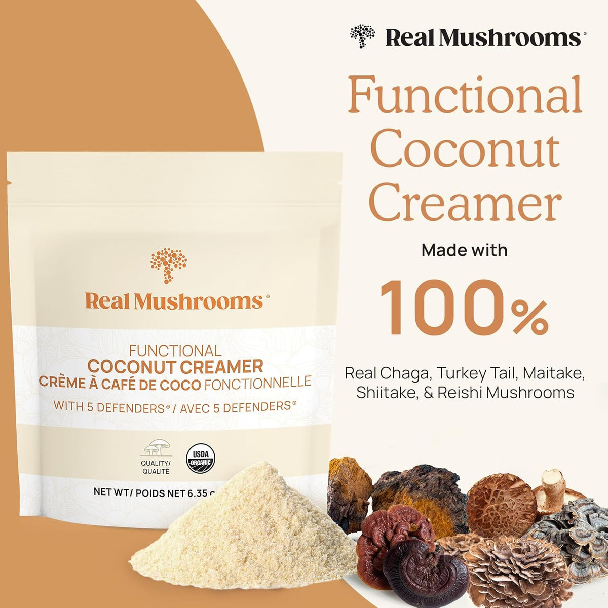 Real Mushrooms Functional Coconut Creamer with Reishi, Lucuma & Ceylon Cinnamon – Organic, Dairy-Free – Vegan Coffee Creamer for Smoothies & Drinks – 90 Servings Organic Cream Coconut Powder