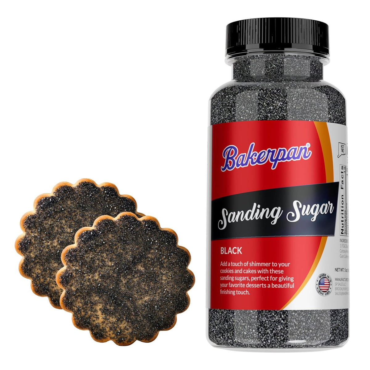 Bakerpan Black Sanding Sugar for Baking & Cookie Decorating - 5 Ounce Edible Black Sugar Sprinkles for Cookies, Cakes, Cocktails (Made In USA)