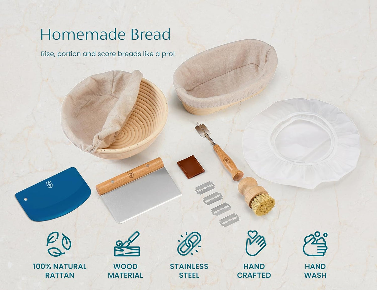 Bread Proofing Set, by Kook, Sourdough Bread, Rattan Baskets and Liners, 1 Round and 1 Oval Banneton Basket, Dough Scrapers, Scoring Lame & Case, 4 Blades, Brush, Plastic Dough Cover, Set of 2