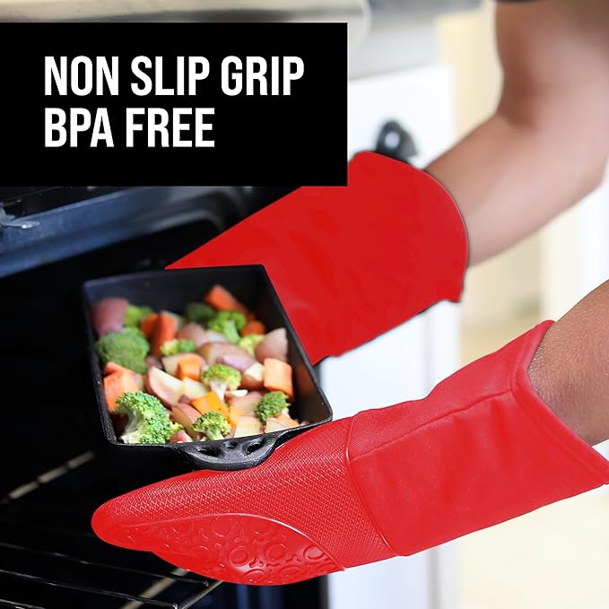 BPA-Free Silicone Oven Mitts Ultra Heat Resistant up to 500°F - Oven Mitts with Thick Cotton Liner - Long Slip Resistant Pot Holders, Flexible Oven Gloves - Canyon Red 13.7