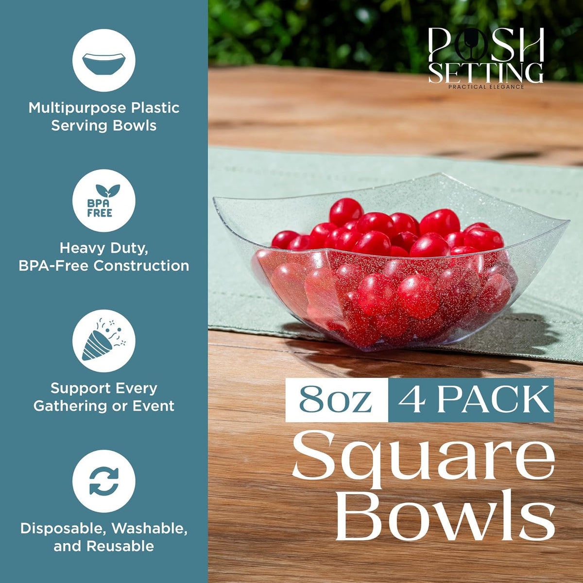 Posh Setting - Silver Glitter Plastic Serving Bowls for Party (8oz - 4 Pack) Square Bowls, Disposable Chip Bowls, Candy Bowls for Party Table, Salad Bowls for Party, Candy Containers for Candy Buffet