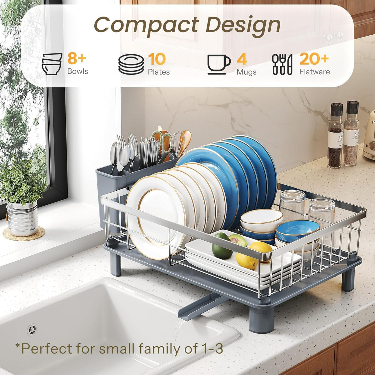 Dish Drying Rack - Small Dish Rack for Kitchen Counter, Stainless Steel Dish Drainer with Utensil Holder and Drainboard (Silver)