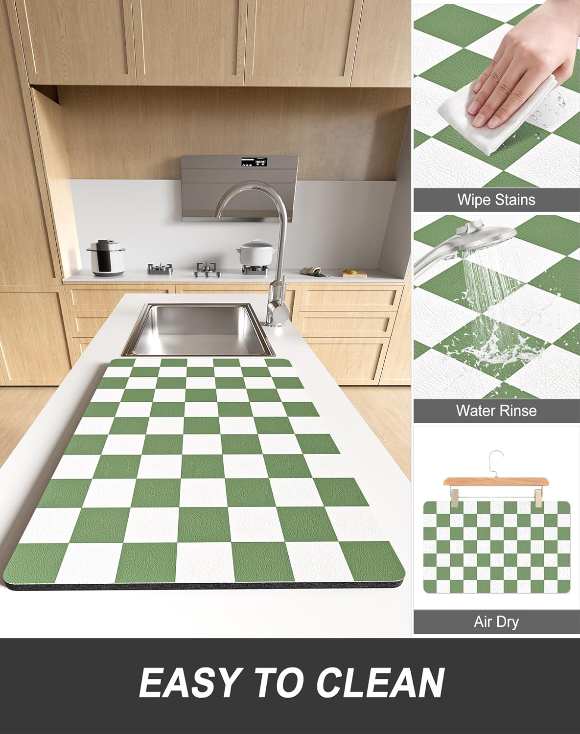 Rnivvi Dish Drying Mat for Kitchen Counter, XL 15 x 24" Cute Checkered Absorbent Draining Pad, Non-Slip Heat Resistant Coffee Bar Mat for Coffee Machine Station Accessories, Green White Dish Rack Pad
