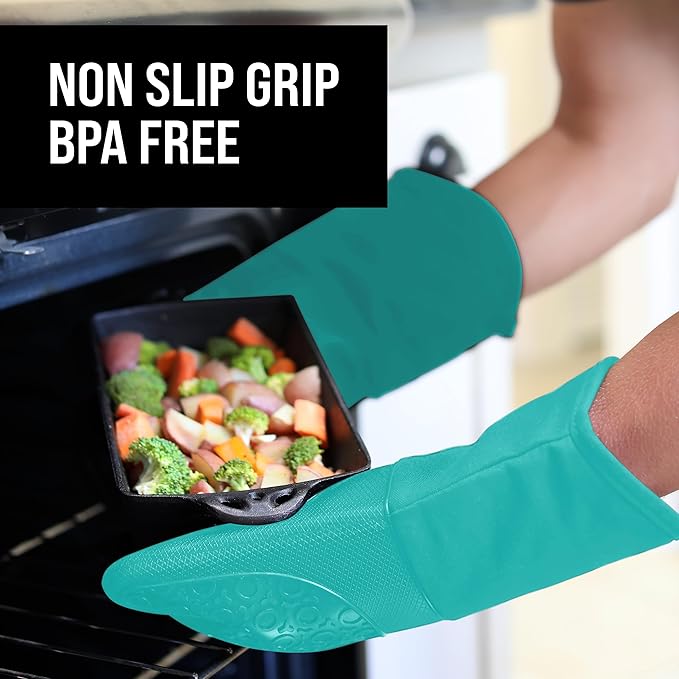 BPA-Free Soft Silicone Oven Mitts - Ultra Heat Resistant Oven Mitts with Thick Cotton Liner - Long Slip Resistant Pot Holders, Flexible Oven Gloves - Turquoise 13.7"