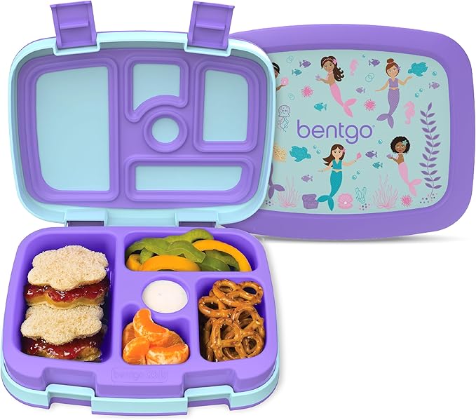 Bentgo Kids Prints Leak-Proof, 5-Compartment Bento-Style Kids Lunch Box - Ideal Portion Sizes for Ages 3-7, Durable, Drop-Proof, Dishwasher Safe, & PFAS & BPA-Free Materials (Mermaids in the Sea)