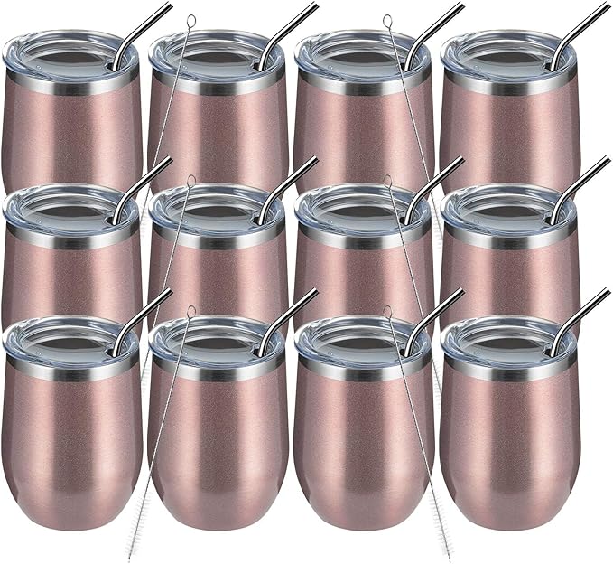 MEWAY 12oz/12 Pack Wine Tumbler Glasses with Lid -Double Wall Vacuum Stainless Steel Travel Tumbler Mug,Stemless Insulated Wine Cup for,Coffee,Cocktails,Gifts (Rose gold,Set of 12)