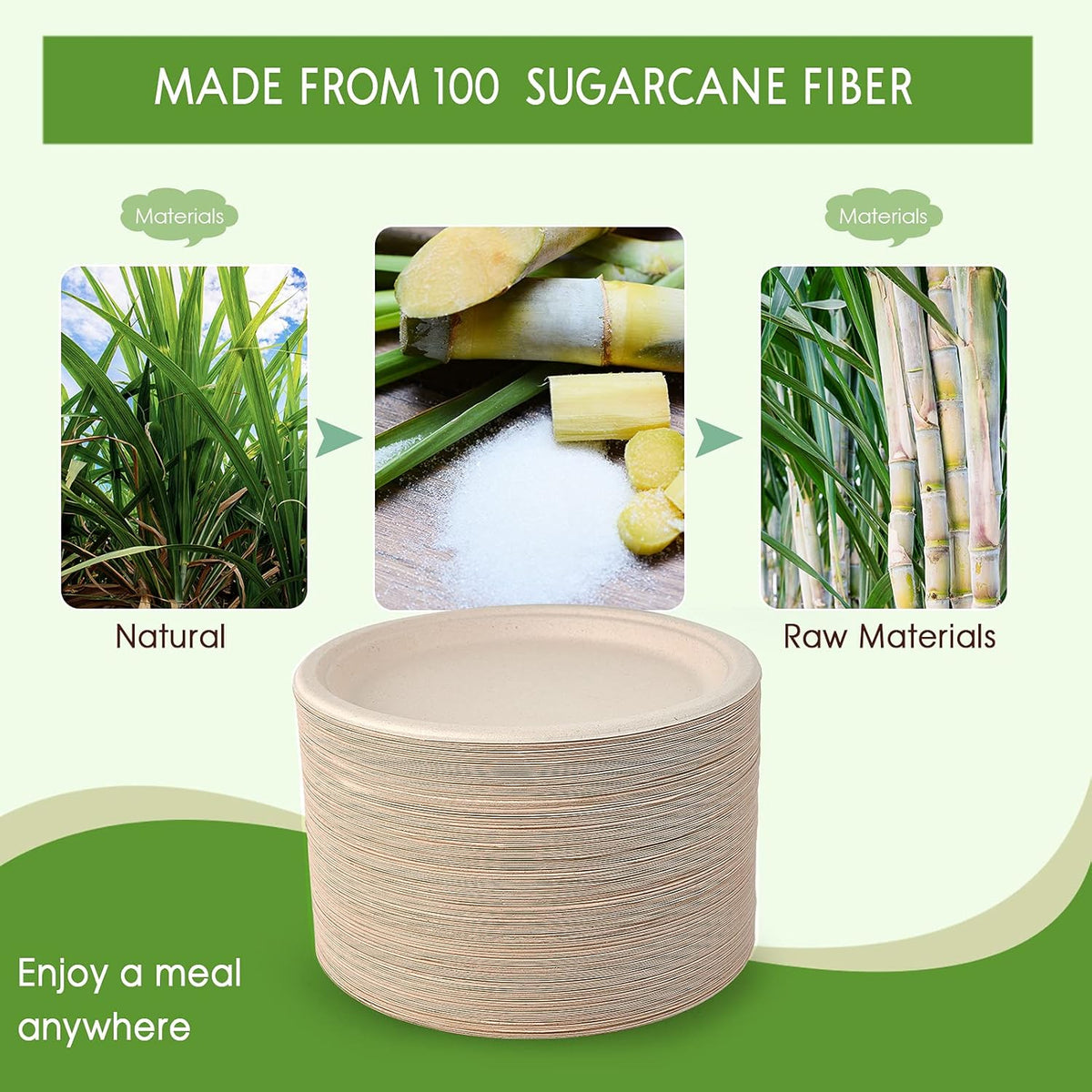 Vplus 150 Pack Compostable Disposable Paper Plates 10 inch Super Strong 100% Bagasse Natural Biodegradable Eco-Friendly Sugarcane Plates(nature)