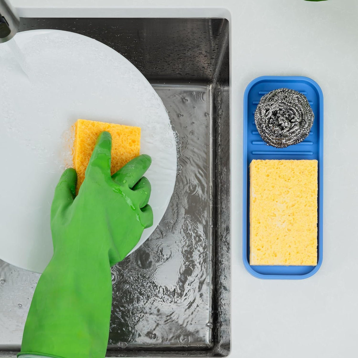 Zulay Kitchen (9x3.5) Silicone Sponge Holder for Kitchen Sink - Flexible Multipurpose Soap Tray Sponge Holder - Sink Organizer Tray for, Bathroom, Makeup, Trinkets & More (Provence Blue)