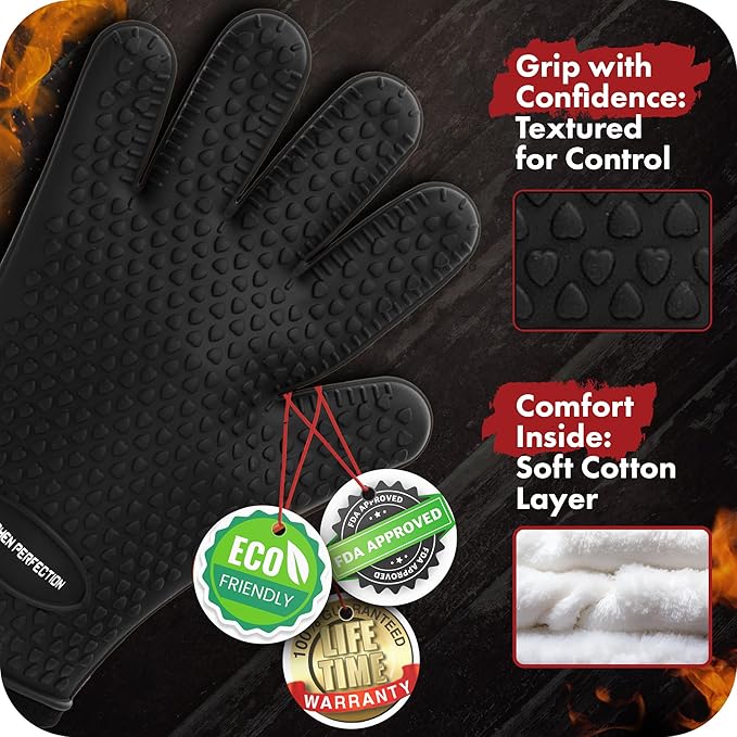 KITCHEN PERFECTION S Silicone Smoker Oven Gloves -Extreme Heat Resistant BBQ Gloves -Handle Hot Food Right on Your Grill Fryer Pit|Waterproof Oven Mitts |Superior Value Set+3 Bonuses