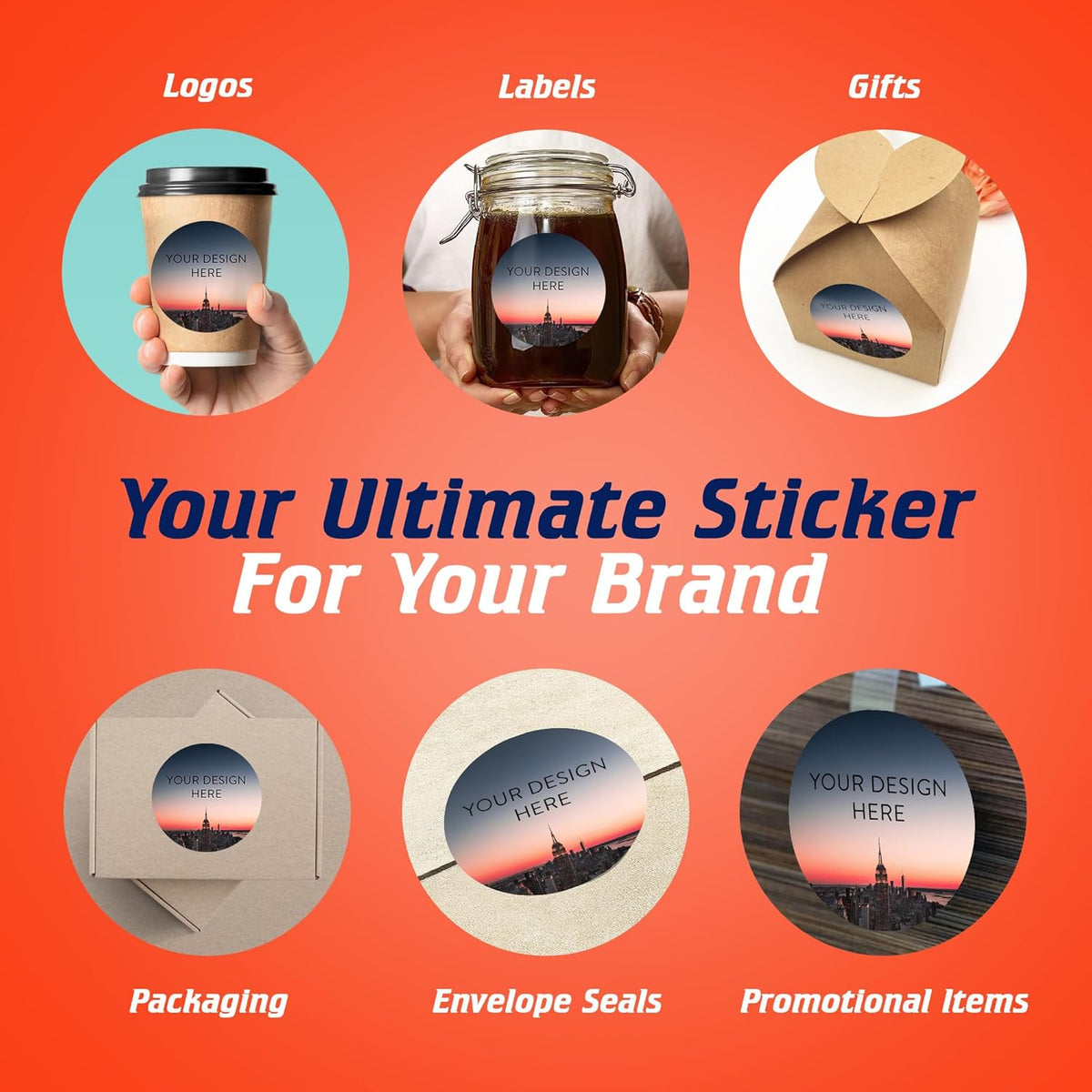 100 Custom Vinyl Stickers - Upload Your own Image, Text, Design, Logo - Personalized Logo Labels for Handmade, Packaging, Bottle, Jars, Candle, Brand Stickers (City, 1x1)
