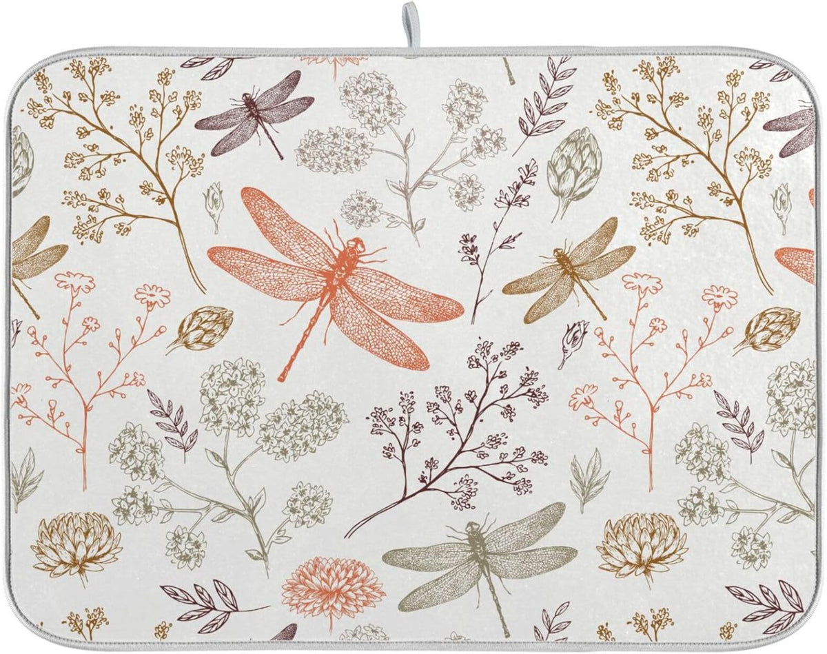 Dragonfly Botanical Plant Dish Drying Mat for Kitchen Counter Absorbent Microfiber Drying Pad, Medium 16x18 in, Reversible Drainer Mats