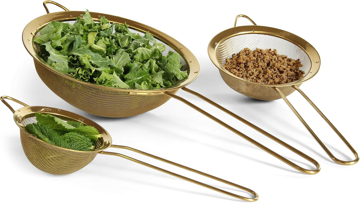 Strainer Set Fine Mesh – Premium 304 Stainless Steel (18/8) – 8″, 5.5″ and 3.3″ Sturdy Kitchen Strainers (Gold)