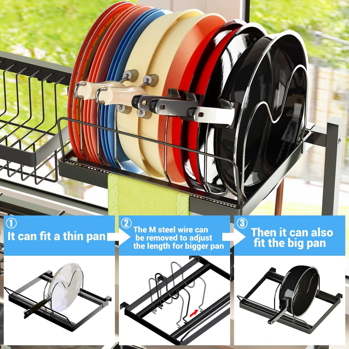 Over Sink Dish Drying Rack (Expandable Height/Length) Snap-On Design Large Dish Draine Storage Counter Organizer (24" - 35.5" L x 12" W x 19" - 22" H)