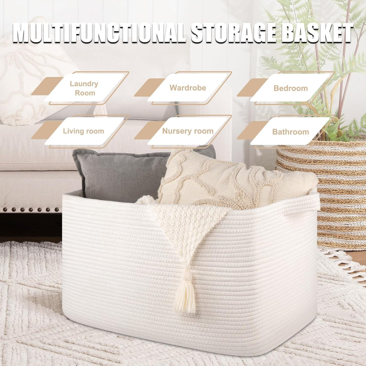 95L Large Storage Basket, Cotton Rope Woven Blanket Basket, Toy Storage for Baby Room, Living Room, 24" x 16.9" x 14.2", White