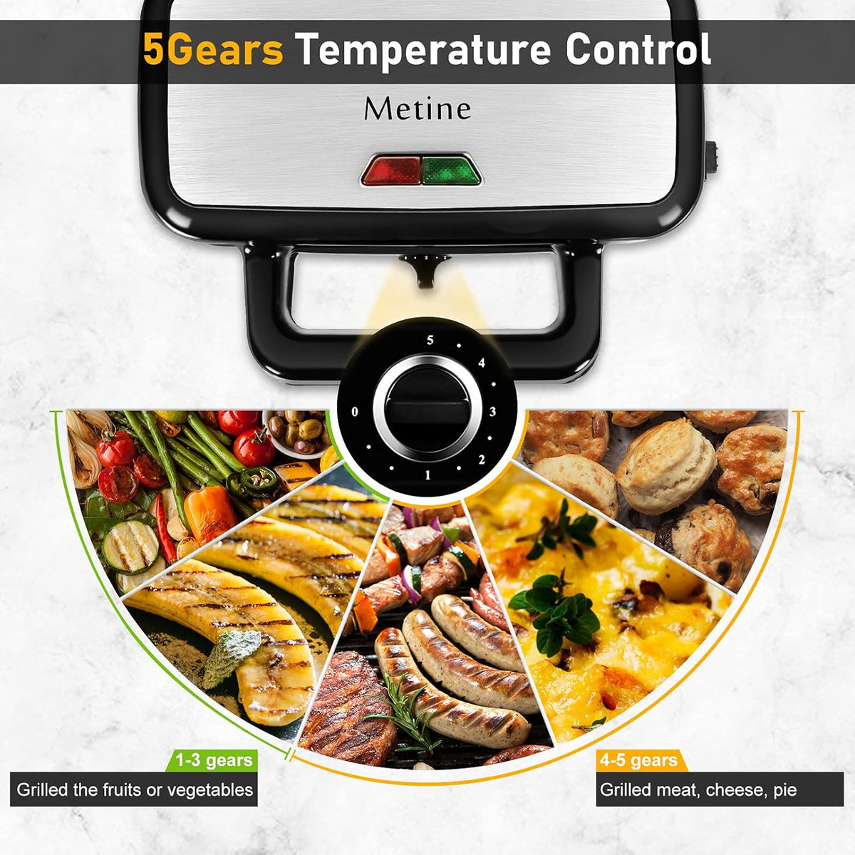 Waffle Makers, 3-in-1 Waffle Iron Panini Press Sandwich Maker with Removable Plates, 5-gears Temperature Control Non Stick Coating Cool Touch Handle Anti-skid Feet for Breakfast 1200W 120V