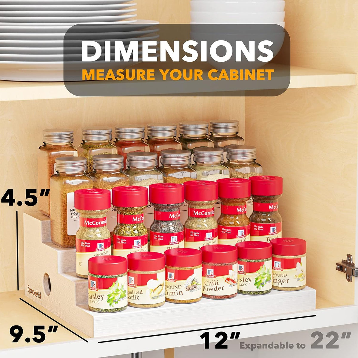SpaceAid Bamboo Spice Rack Organizer for Cabinet, Kitchen Pantry Spices Storage Rack for Cabinets Organization, Home Seasoning Tiered Can Goods Racks Wood Shelf Organizers (4 Tier, White)