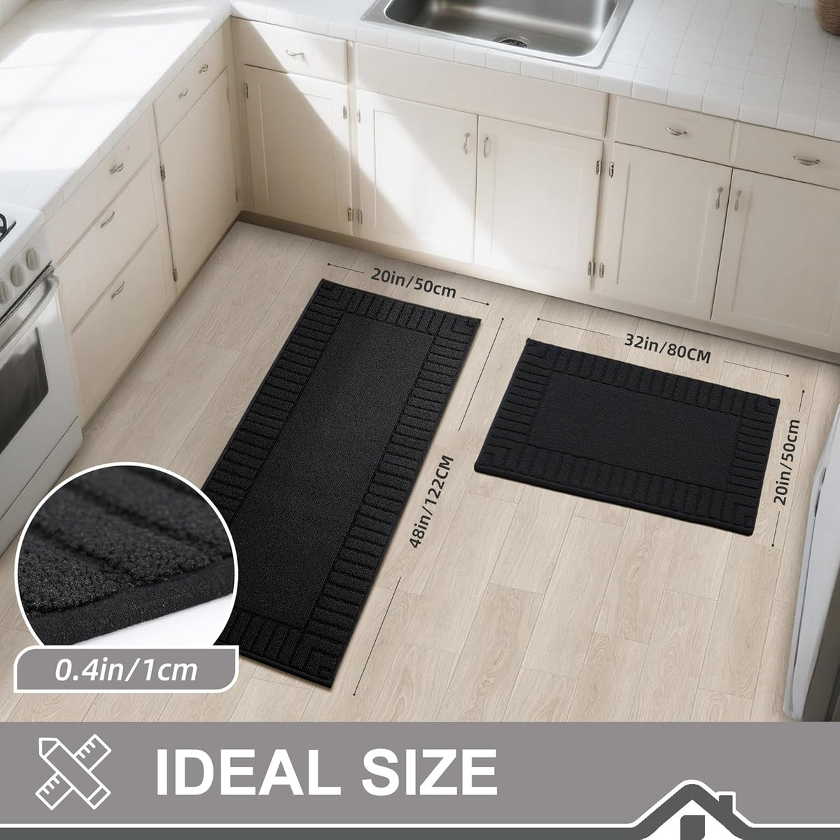 BEQHAUSE-Kitchen-Rugs-and-Mats,2 PCS Non Slip Kitchen Floor Mat,Absorbent Kitchen Mat Set Machine Washable Kitchen Runner Rug Black Kitchen Mat 20x30inch/20x48inch