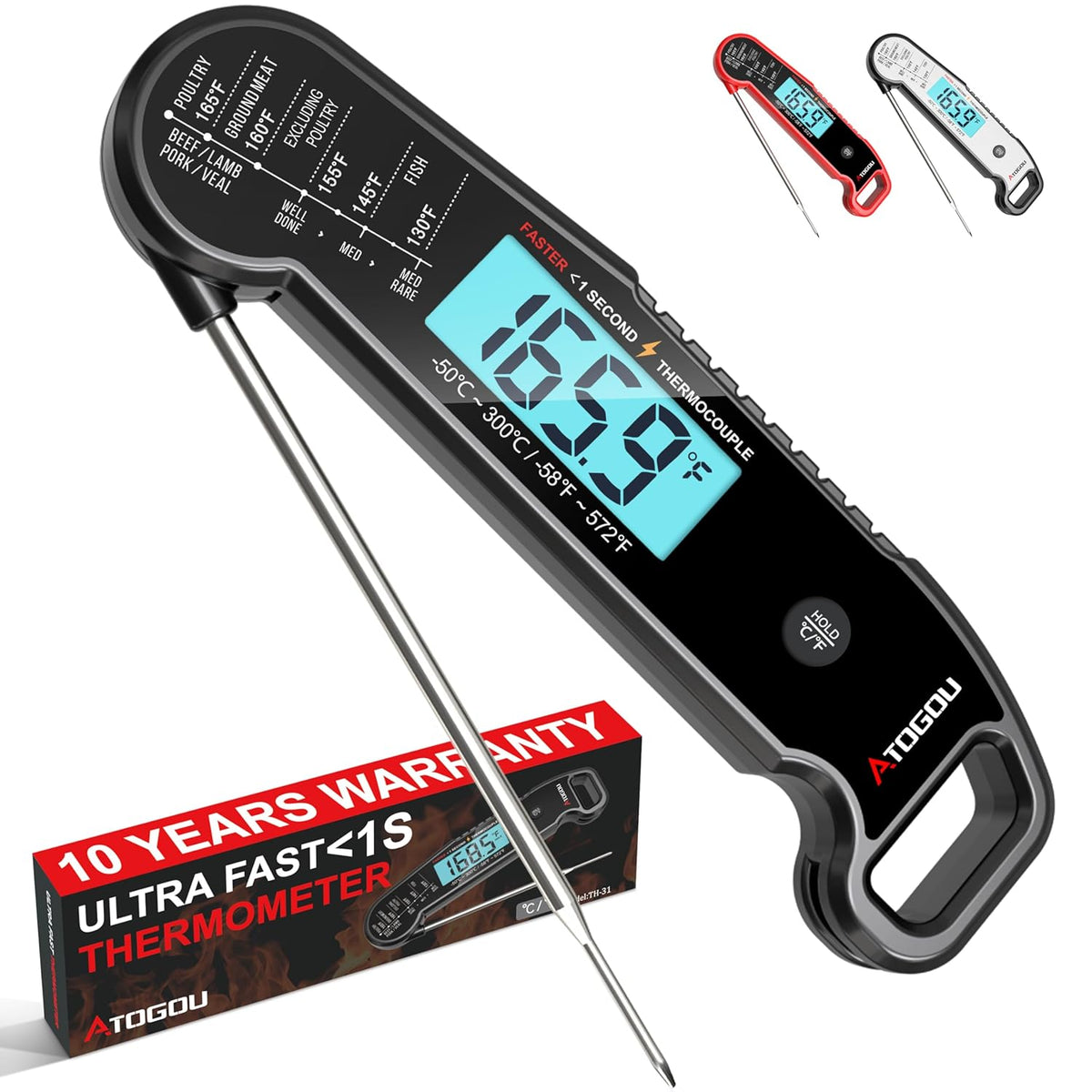 Professional Food & Meat Thermometer, 1 Sec Instant Read & ±0.5℉ Accuracy Driven by Thermocouple Sensor. IP67 Waterproof Digital Thermometer for Cooking, BBQ, Grill Gifts for Men Him Dad Birthday