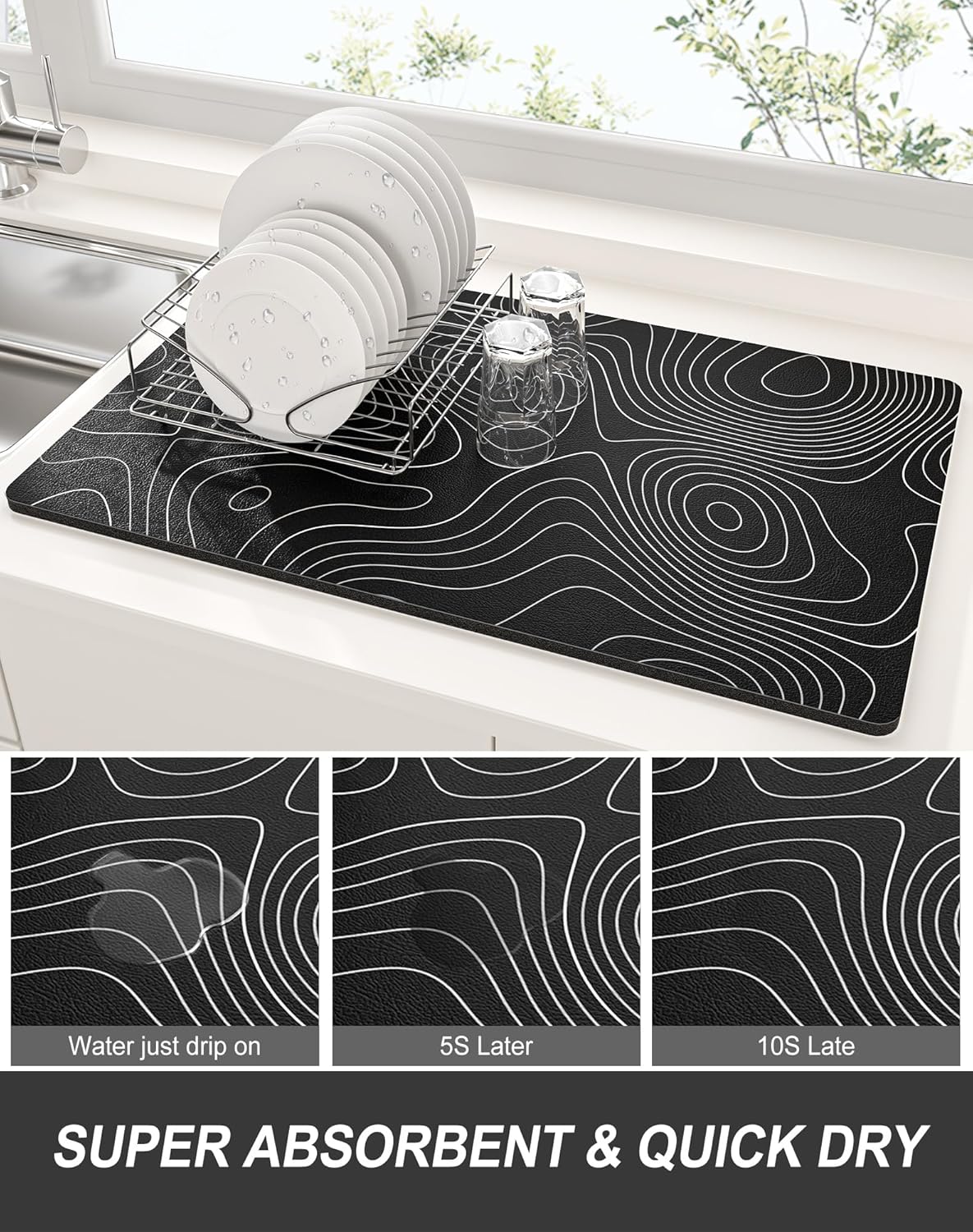 Rnivvi Dish Drying Mat for Kitchen Counter, 12 x 19" Cute Marble Super Absorbent Draining Pad, Non-Slip Heat Resistant Coffee Bar Mats for Coffee Machine Station Accessories, Line Art Dish Rack Pad