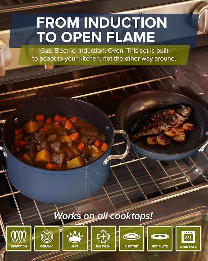 Nuwave Healthy G11-Pots and Pans Set Non Stick, 9H Near-Diamond Hardness Scratch-Resistant, Works on All Stovetops, PFAS Free, with Frying Pans, Saucepans & Glass Lids, Stay-Cool Handles, Deep Blue