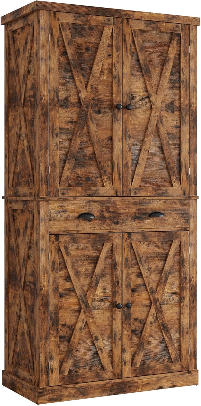 IRONCK Kitchen Pantry Storage Cabinet 72.6" H, with Barn Doors, Drawer, 4 Adjustable Shelves, Freestanding Cupboard for Dining Room Living Room, Laundry, Vintage Brown