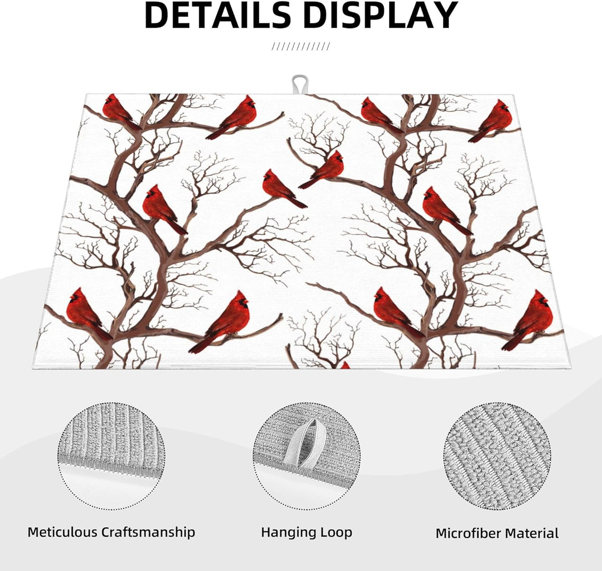 Winter Cardinal Birds Microfiber Dish Drying Mat for Kitchen Counter 18"x24" Christmas Dishes Drying Pad Dish Drainer Rack Mats Absorbent Washable Reusable Christmas Kitchen Home Holiday Decor