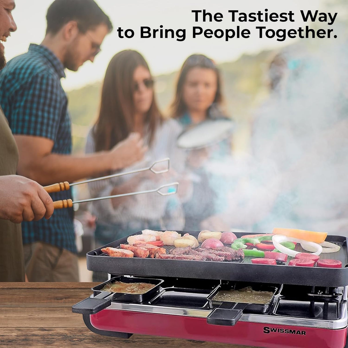 Swissmar Classic 8-Person Raclette Party Grill with Reversible Cast Aluminum Non-Stick Grill Plate/Crepe Top, Indoor Electric Raclette Grill & Griller - Black Grill Plate - Red