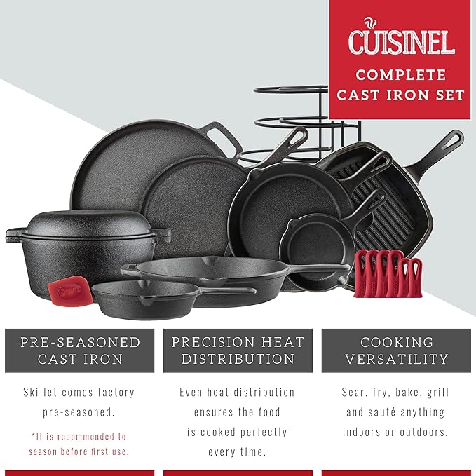 Cuisinel Cast Iron Cookware 18-Piece Set - Pre-Seasoned 6" + 8" + 10" + 12" Skillet + Grill Pan+Lid + Griddle + Pizza Pan + Dutch Oven+Pan Cover + Panrack + Silicone Handle Grips + Pan Scraper/Cleaner