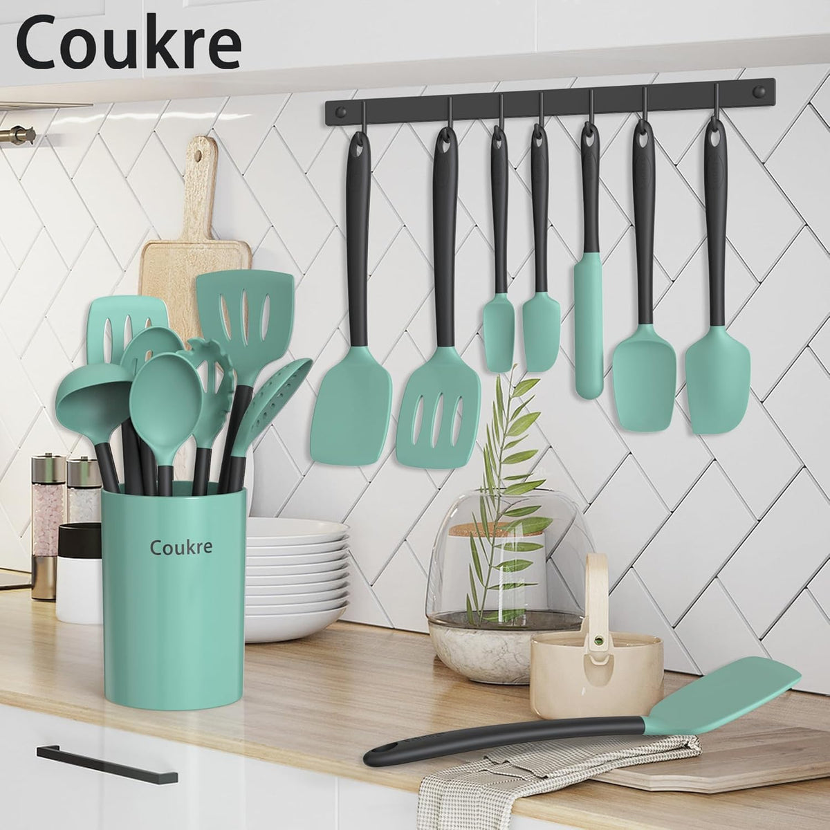 Coukre Silicone Kitchen Cooking Utensils Set with Holder – Heat-Resistant, Food-Grade Kitchen Tools, Spatula, Spoon & Gadgets for Non-Stick Pans, Dishwasher Safe (14, AquaGreen)