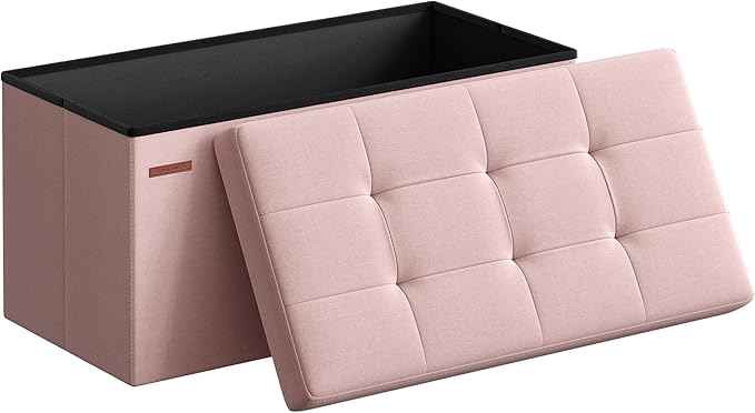 SONGMICS Mazie Collection - 30 Inches Folding Storage Ottoman Bench, Ottoman Foot Rest, End of Bed Bench, Storage Chest, Load 660 lb, for Living Room, Bedroom, Entryway, Jelly Pink ULSF047R11