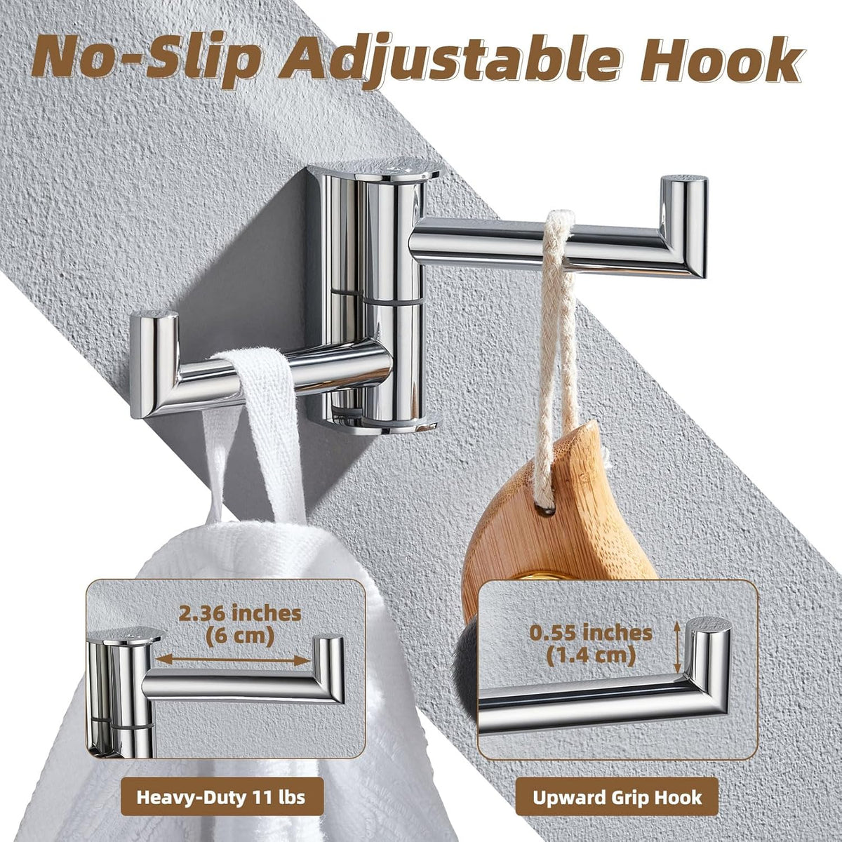 APLusee Double Swivel Towel Hook Wall Mounted, 304 Stainless Steel Folding Coat Hook with 2 Rotating Arms, Polished Chrome