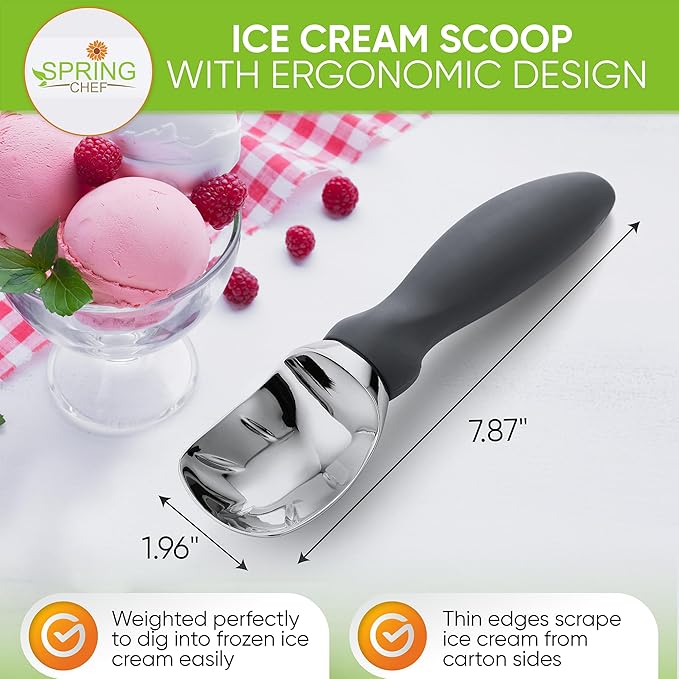 Spring Chef Gray Heavy Duty Ice Cream Scoop with Comfortable Soft Grip Handle, Dishwasher Safe Ice Cream Scooper, Professional Metal Kitchen Tool for Frozen Yogurt, Gelato, Sorbet, Sundae, Melon