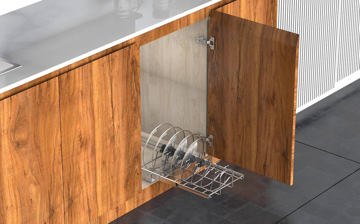 Slide Out Pan and Pot Lid Organizer For Under Cabinet, Wire Dividers Kitchen Pull Out Pot Lid Rack Organization And Storage, Full-Extension Rail, 12" W X 20" D