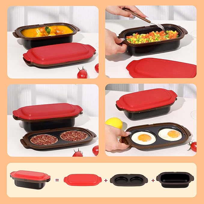 Microwave Egg Cooker & Microwave Grill Pan 3 Pcs with Lid for Grilling, Browning, and Crisping Vegetables, Sandwich, & Meat, Microwave Nonstick Cookware for Quick, Healthy Meals
