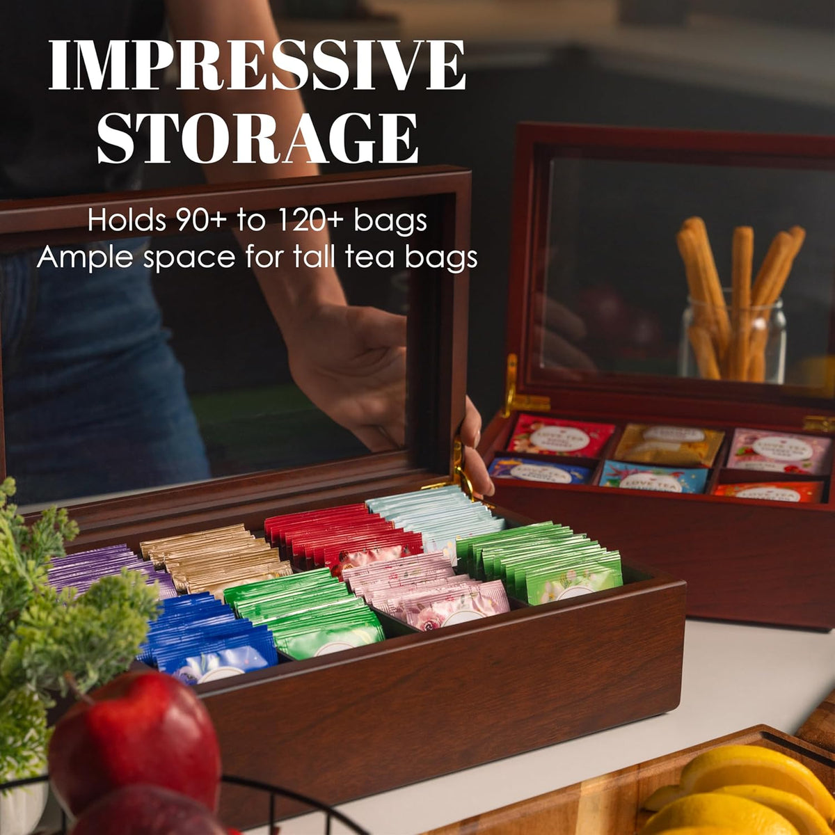 Tea Box - Luxury Wooden Tea Bag Organizer from The Apace Premier Collection - 6 Compartment Tea Storage Chest Container - Elegantly Handmade w/Scratch Resistant Window