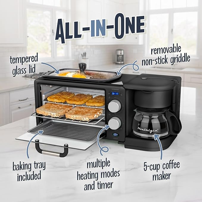 Nostalgia 3-in-1 Retro Breakfast Station - Includes 5 Cup Coffee Maker, Non-Stick Ceramic Griddle, and 4-Slice Toaster Oven - Built-In Timer, Reusable Coffee Filter, Space-Saving Design - Black