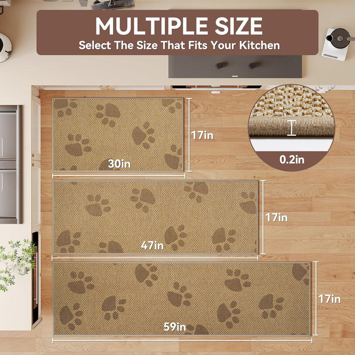Kitchen Mats for Floor, Super Absorbent Kitchen Rugs Non Slip Washable, Rubber Backing Soft Woven Linen Embroidery Runner Rug, Standing Mat Kitchen Sink Mat, Easy to Clean, Brown 17x47
