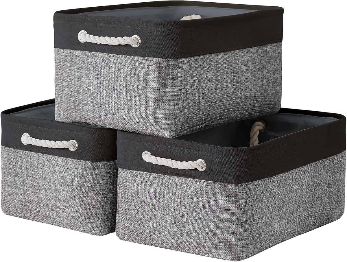TcaFmac Storage Bins for Organization - Large 3 Pack Fabric Storage Basket for Shelves with Handles, Organizer Baskets for Organizing for Closet Cloth Dog Toy Baby (Black& Grey 16x12x8 inch)