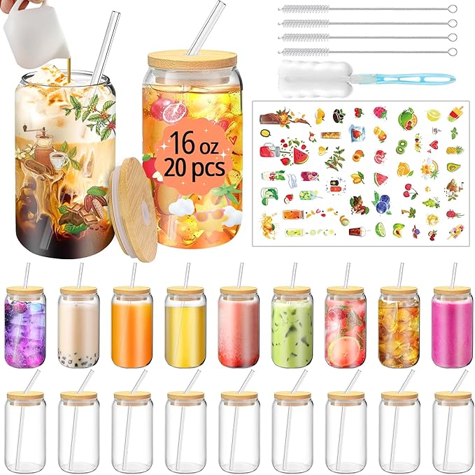 PeacePeo 16 OZ Glass Cups with Lids and Straws, 20 Set Can Beer Glass Cups with Bamboo Lids Cute and Reusable Drinking Glasses with Lid Ice Coffee Glasses Great for Beer, Cocktail, Tea and Latte