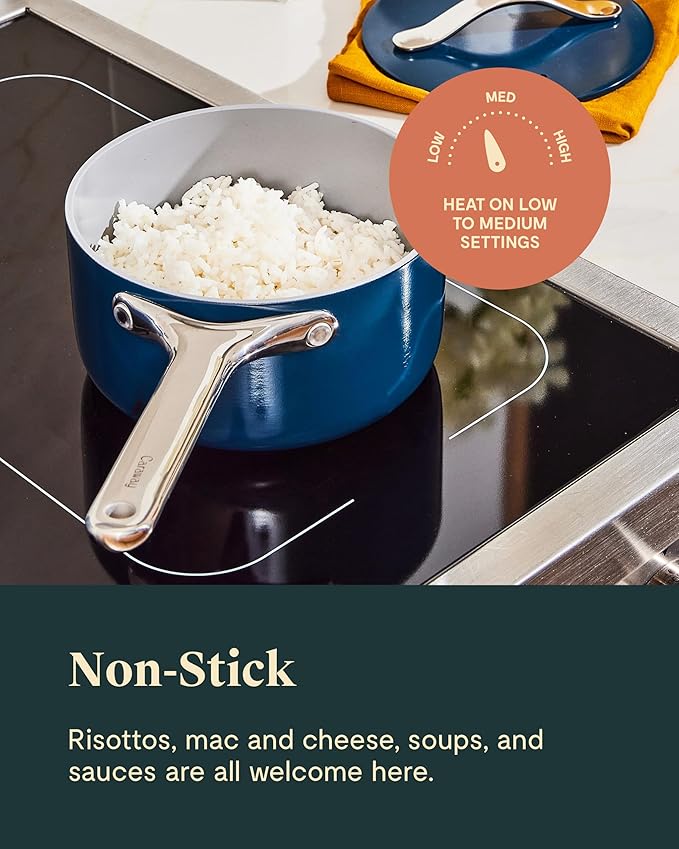 Caraway Nonstick Ceramic Sauce Pan with Lid (3 qt) - Non Toxic, PTFE & PFOA Free - Oven Safe & Compatible with All Stovetops (Gas, Electric & Induction) - White