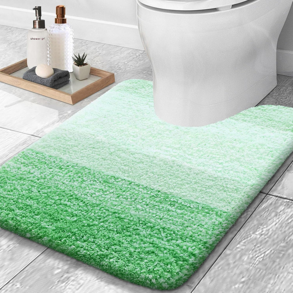 OLANLY Luxury Toilet Rugs U-Shaped 24x20, Extra Soft and Absorbent Microfiber Bathroom Rugs, Non-Slip Plush Shaggy Bath Mat, Machine Wash Dry, Contour Bathroom Mats for Toilet Base, Green