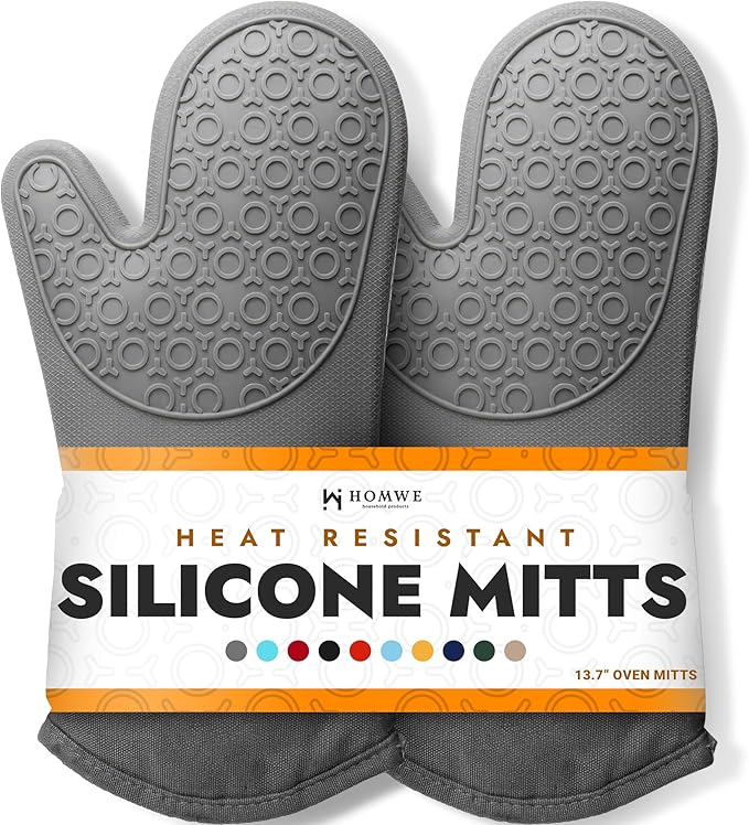 BPA-Free Soft Silicone Oven Mitts - Ultra Heat Resistant Oven Mitts with Thick Cotton Liner - Long Slip Resistant Pot Holders, Flexible Oven Gloves - Gray 13.7"
