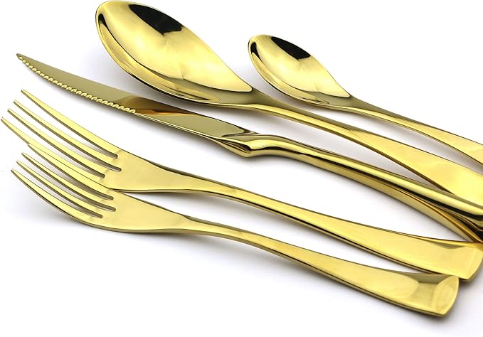 20-Piece 18/10 Stainless Steel Serrated Steak Knife Flatware Set, Mirror Polishing Gold,Service for 4