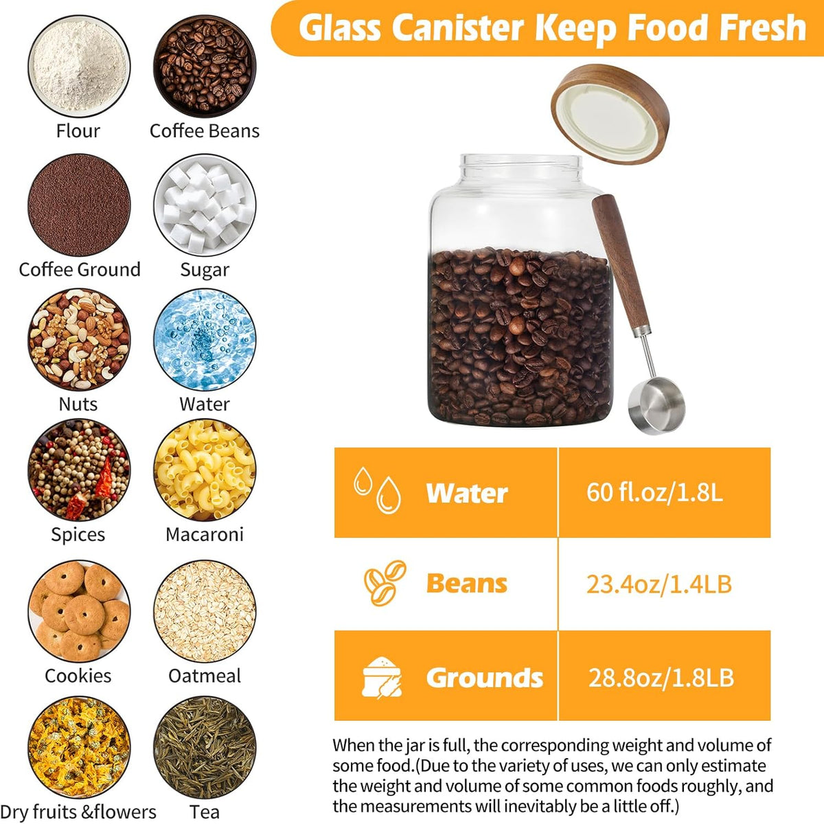 Large Glass Coffee Jars with Spoons 60 oz /1800ml, Round Storage Canister with Wooden Lid Clear Glass Food Jar for Pantry Sugar Tea Coffee Bean Spice Nuts Cookies Bath Salts (1800ml/60oz)