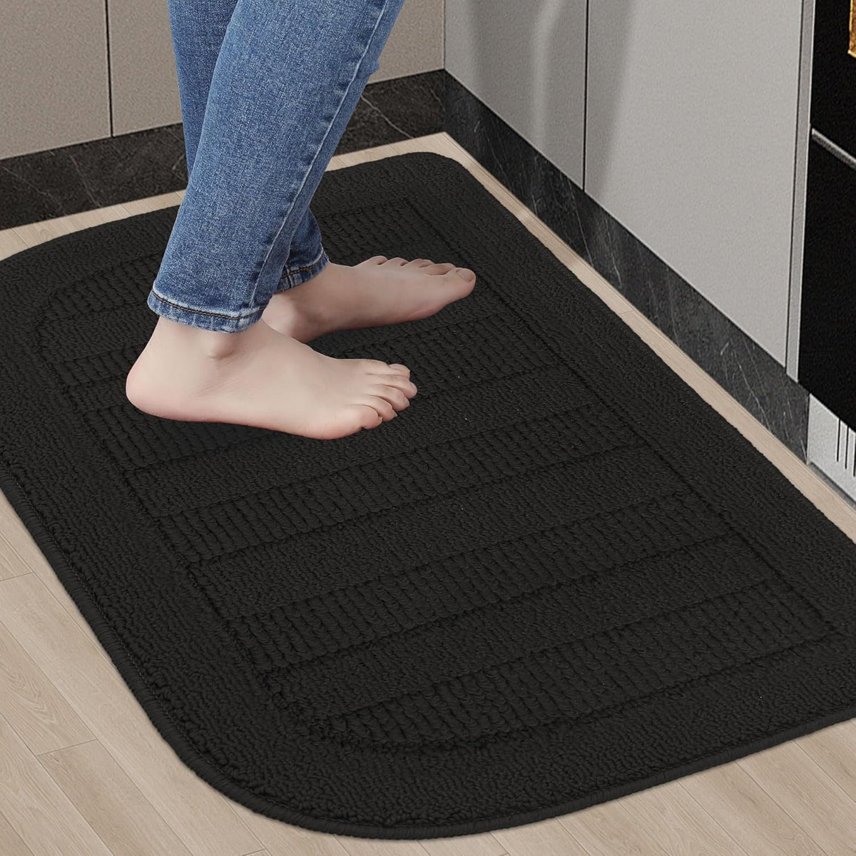 BEQHAUSE 30x18 Inch Kitchen Rug Mat Durable Kitchen Rugs Non-Slip Washable Absorbent Kitchen Mats for Floor Dirt-Resistant Semicircular Kitchen Mat (Black)