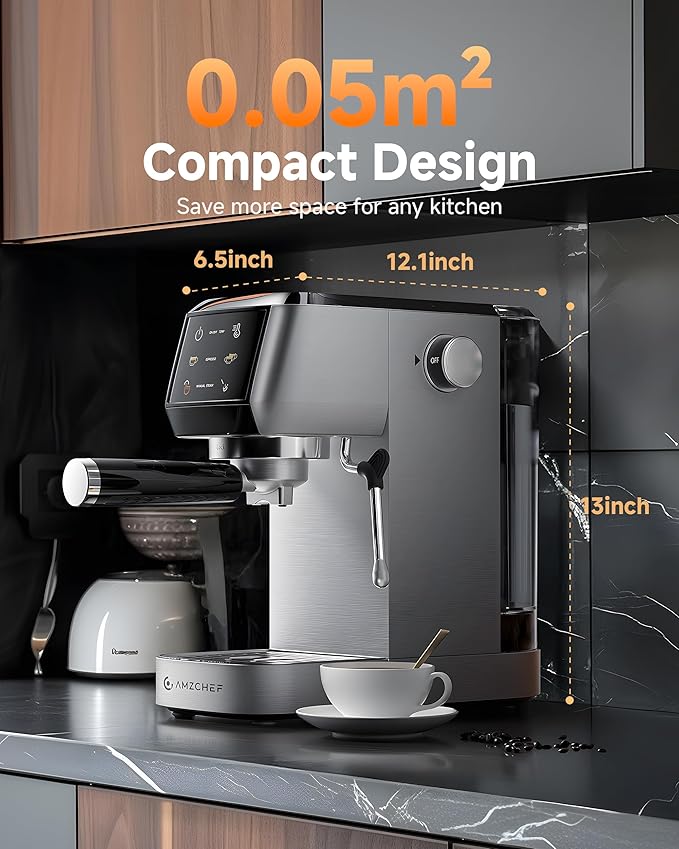 AMZCHEF Espresso Machine 20 Bar – Professional Coffee Maker with Milk Frother, Adjustable Temperature & Pressure, Compact Stainless Steel Espresso Maker for Cappuccino, Latte, Mocha, 44oz Water Tank