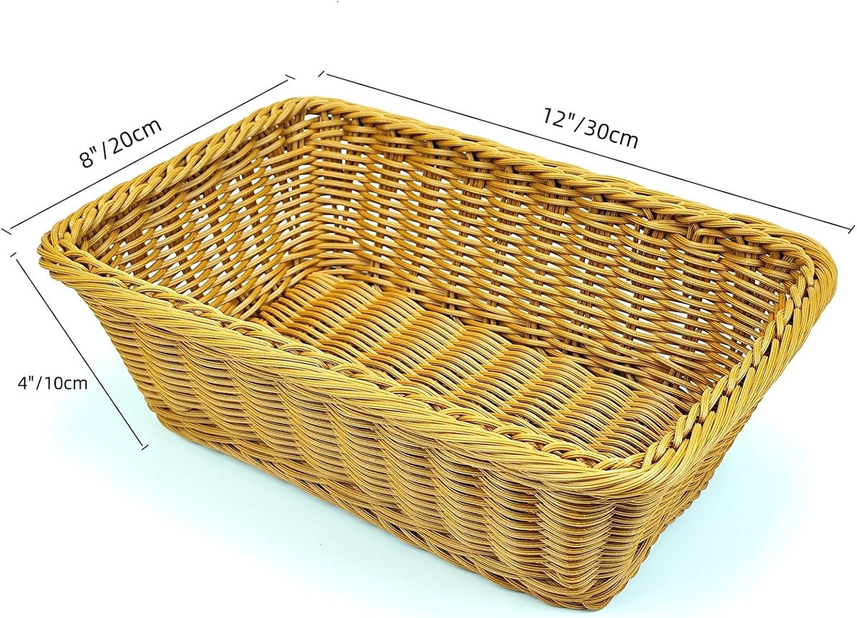 12" Poly Wicker Bread Basket, Hand Woven Food Storage Room Organizer, Fruits, Vegetables and Snacks Tabletop Food Serving Basket, Restaurant, Hotel Service, Brown