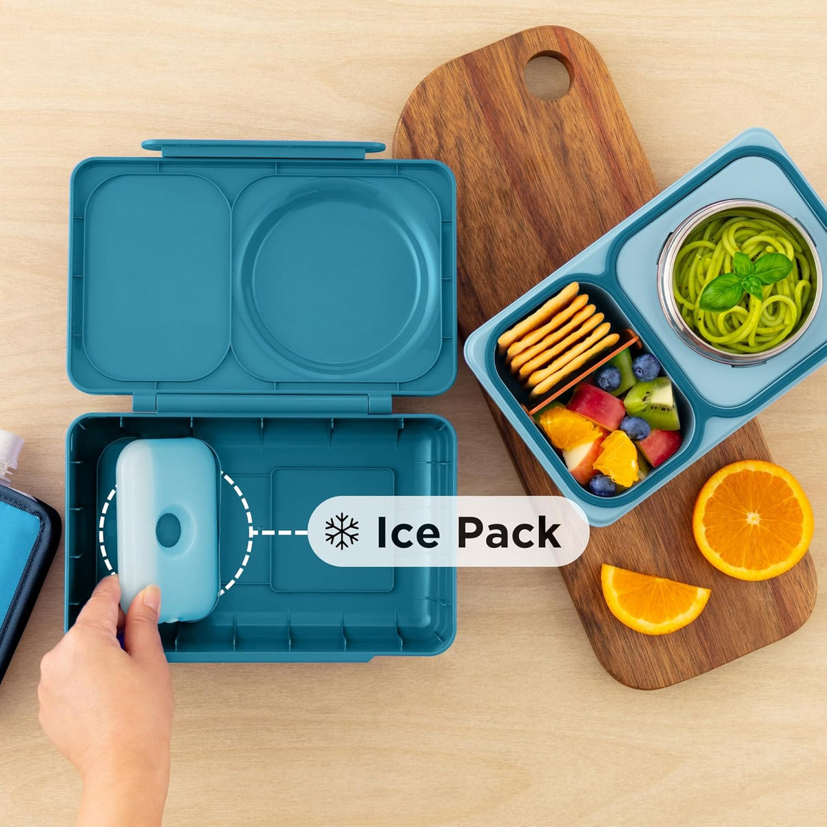 Omie OmieBox UP bento Box for Kids | Insulated Lunch Box | Leak Proof Vacuum Insulated Thermal Food jar | Cooler ice Pack | 2 Compartments (Teal Green)