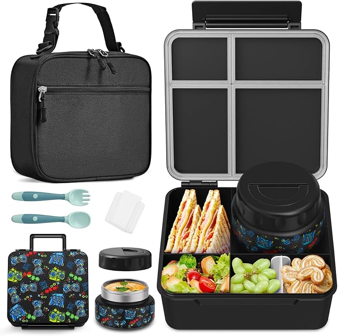 Bento Box for Kids with Thermo Food Container (9oz), 4-Compartment Lunch Box, Adjustable Divider, Leakproof Bento Lunch Box, Includes Utensils & Carry Bag for School, Office(Black-Game)