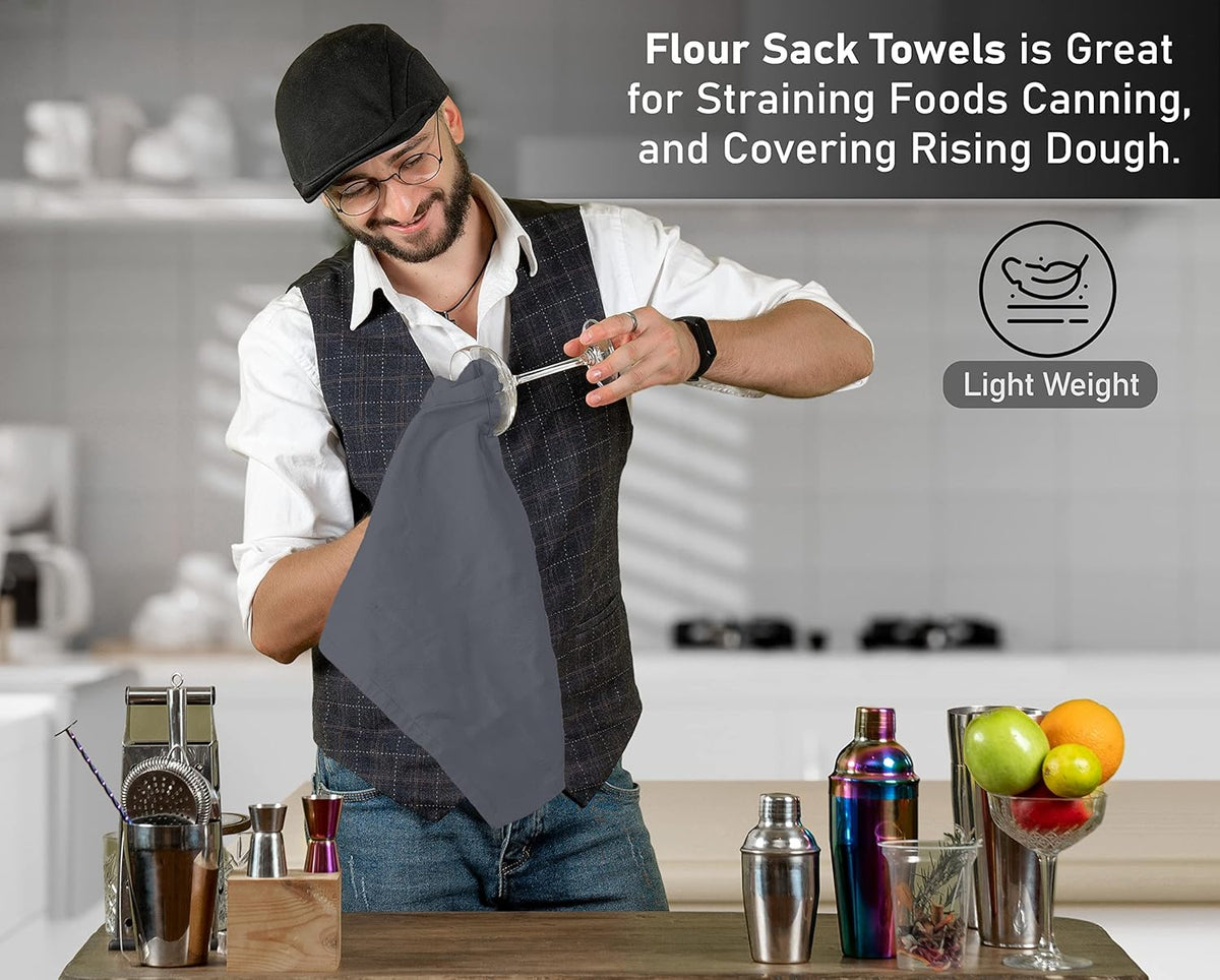 RUVANTI Flour Sack Towels 12 Pack 28 x 28 Inches, Ring Spun 100% Cotton Dish Towel, Machine Washable, Absorbent - Flour Sack Kitchen Towels for Drying and Cleaning - Grey